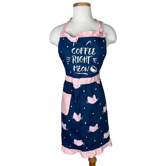 Pantry Cats Coffee Right Meow Pinafore Full Apron Navy Blue Pink OS One Size - Picture 1 of 5